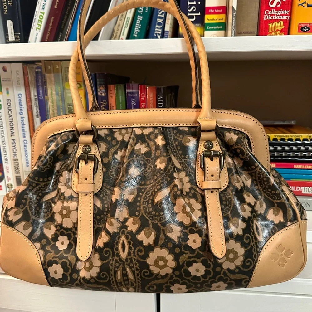 Patricia Nash Floral Pattern Satchel Handbag in Brown and Tan